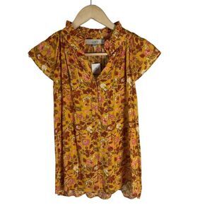 LOFT NWT Gold Floral Print Metallic‎ Thread Cap Sleeve Top Sz S